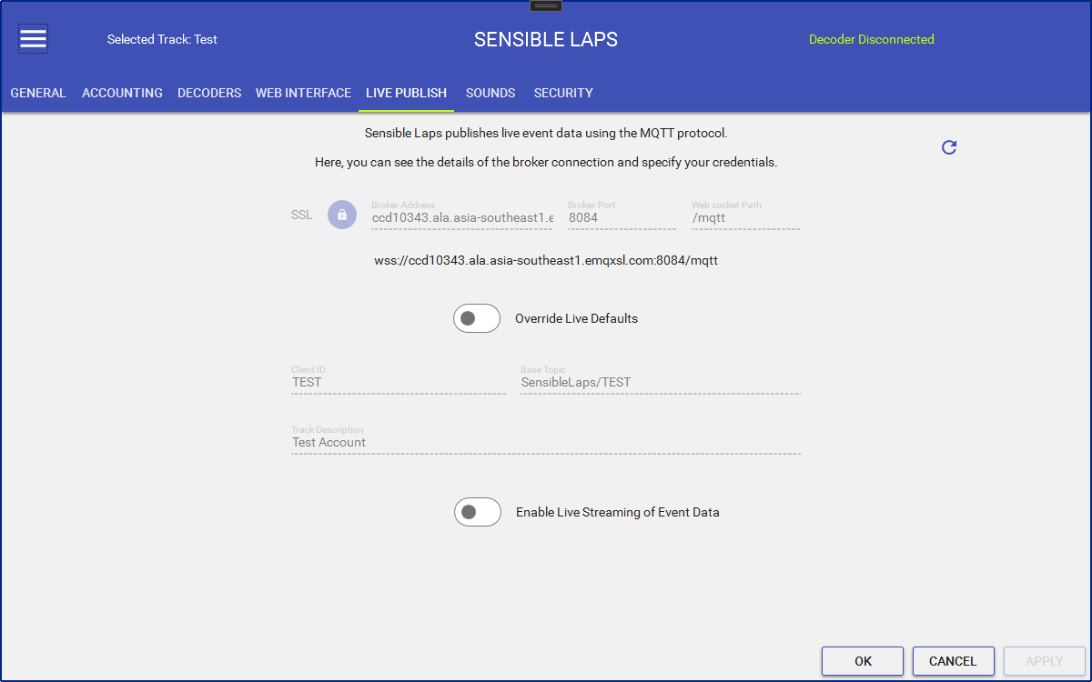 Live publish settings